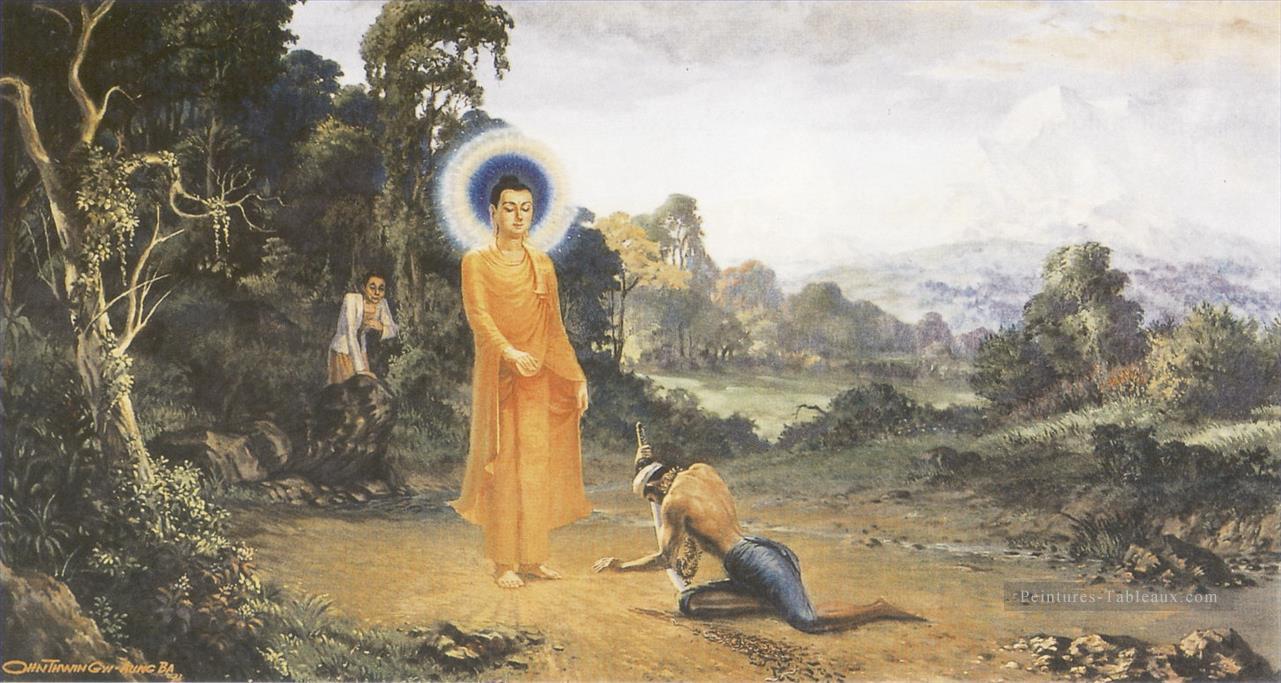 Bouddha surmonter un homme cruel angulimala qui a coupé le doigt index droit des voyageurs bouddhisme Peintures à l'huile